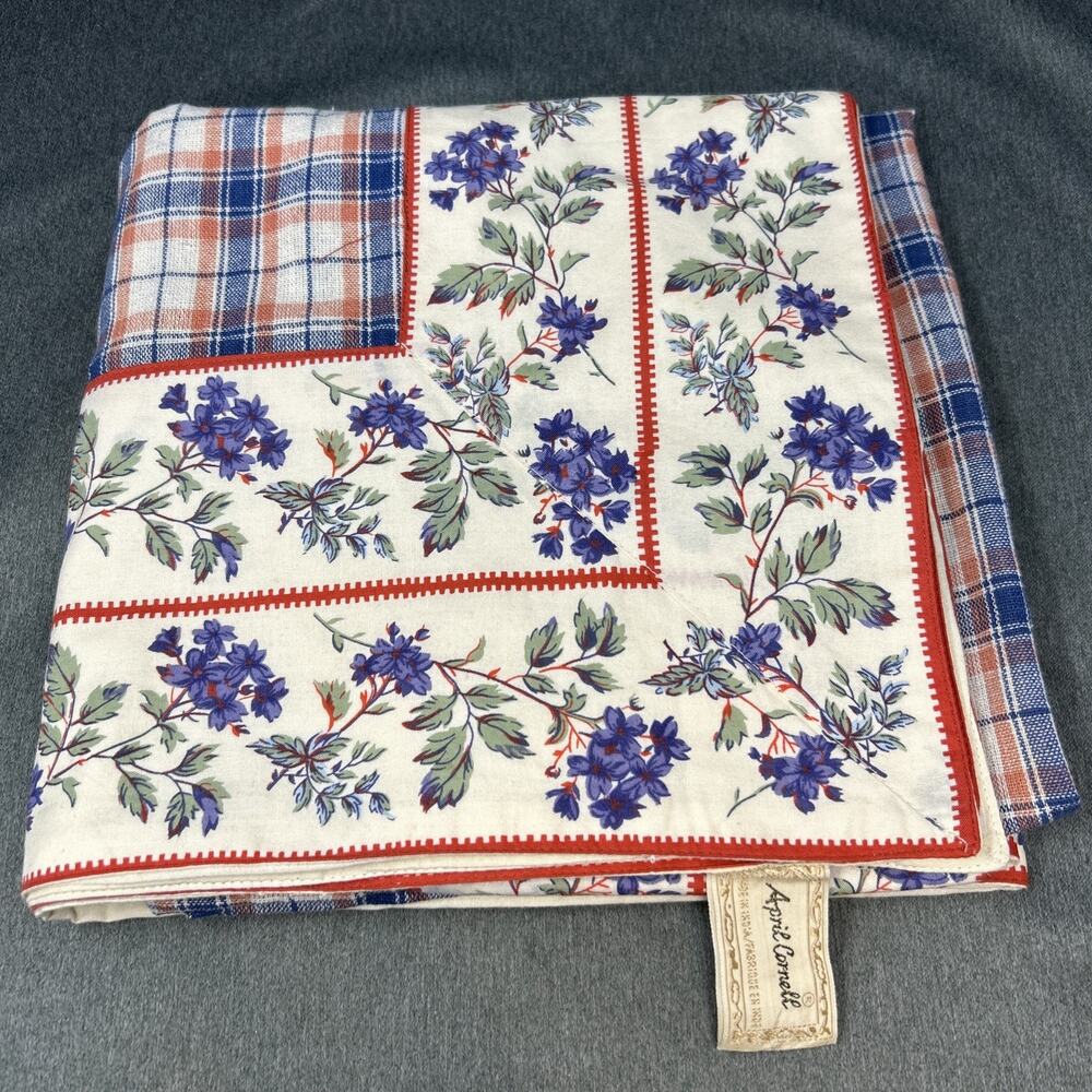 April Cornell Cotton Tablecloth 4ft Square Plaid Floral Blue Purple Cottage Core